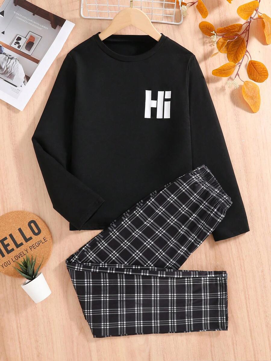 男童空调房居家服套装,长袖上衣搭配格子裤,防踢保暖,“Hi”印花衬衫搭配黑白格子裤,面料舒适,适合春、秋、夏三季穿着。 - 黑色 - 查看 1