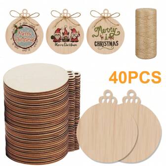 40pcs/20pcs 50m Yellow Jute Twine 3.5 Inch Unfinished Pre-Drilled Wooden Slices Round Craft Discs For DIY Christmas Decorations, Round Center Decor, Holiday Hanging Ornaments