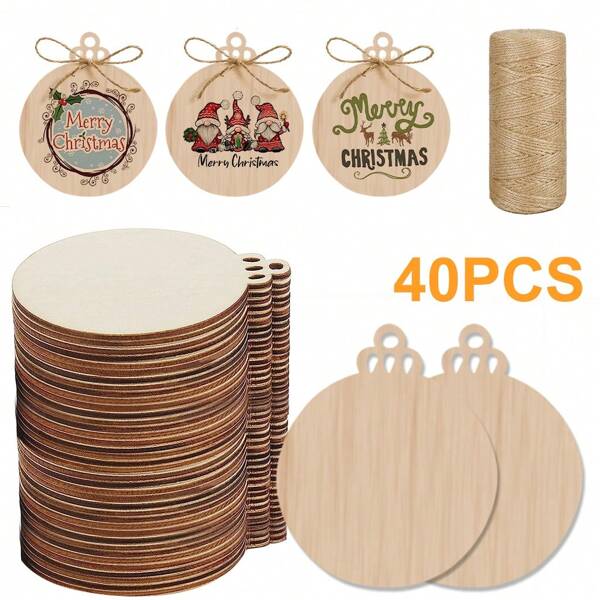 10/20/30pcs Round Unfinished Wooden Discs With Holes, 3 Inch Pre-Drilled Natural Wood Slices With 10 Jute Ropes, Suitable For Craft Centers, DIY Wooden Christmas Decorations, Hanging Ornaments