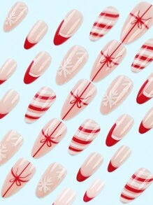 24片装长款杏仁形圣诞帽条纹雪花美甲贴套装。适合派对、舞会或节日佩戴。长按压式美甲贴。 - 紅白色 - 查看 3