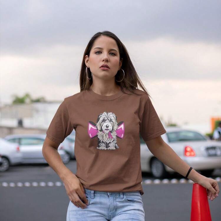Basic Women's T-Shirt, T-Shirt, Casual, 100% Cotton, Premium, Dog Print, High Definition - Rust Brown - View 2