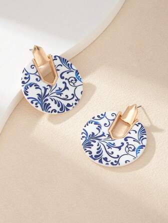 1pair Handmade Vintage Chinese Blue And White Porcelain Style Earrings, Unique Design And High-End