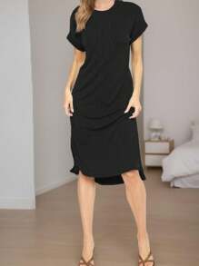 Women Casual Round Neck Short Sleeve Midi Dress - 黑色 - 查看 3