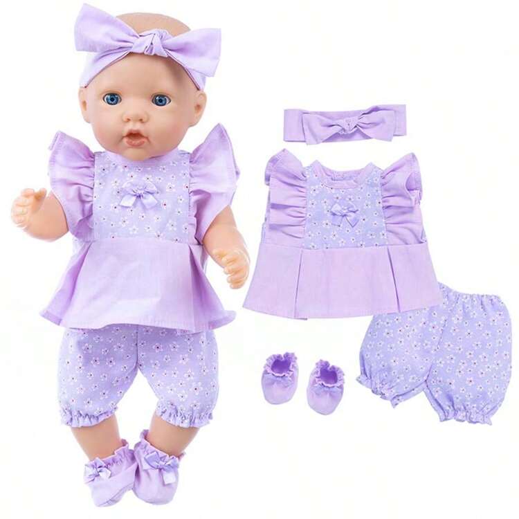 16-18inch Reborn Doll 4-Piece Set: Ditsy Floral, Ruffled Edges, Suitable As Christmas Or Halloween Gift For Babies (Doll Not Included) - Multicolor - View 1