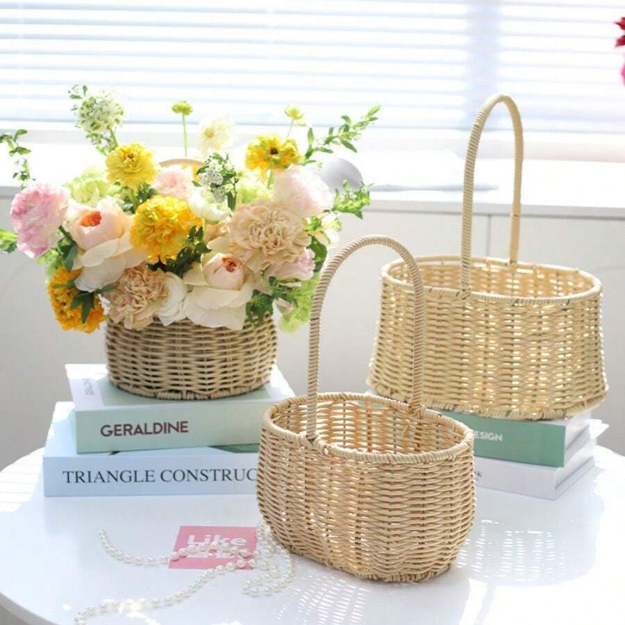 Mother's Day Handmade Flower Basket Rice Rattan Bamboo Bouquet Flower Basket Fruit Basket Flower Art Training Flower Arrangement Materials Outdoor Decor - Small Oval Flower Basket With Rice Rattan Handle - View 1