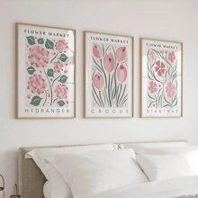 Set Of 3 Flower Market Prints In Dusty Pink, 3 Pieces Floral Wall Art Living Room, Vintage Pink Flowers Botanical Illustration Art Canvas Painting Bedroom Wall Decor, No Frame, Poster Gifts Birthday Graduation - Pink - View 3