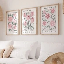 Set Of 3 Flower Market Prints In Dusty Pink, 3 Pieces Floral Wall Art Living Room, Vintage Pink Flowers Botanical Illustration Art Canvas Painting Bedroom Wall Decor, No Frame, Poster Gifts Birthday Graduation - Pink - View 1