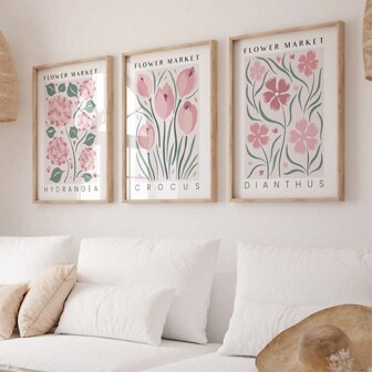 Set Of 3 Flower Market Prints In Dusty Pink, 3 Pieces Floral Wall Art Living Room, Vintage Pink Flowers Botanical Illustration Art Canvas Painting Bedroom Wall Decor, No Frame, Poster Gifts Birthday Graduation