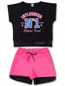Children's Set For Girls, Cropped Influencer Blouse And Neon-Colored Shorts. - 黑色 - 查看 2