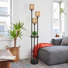 Dimmable Boho Floor Lamps For Living Room, 3-Lights Farmhouse Floor Lamp With 3-Way Foot Switch, Gold Floor Lamp With Shelves, Rustic Standing Lamp With Rattan Shades, Tall Lamps For Bedroom - 棕色 - 查看 8