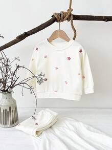 2 piezas/set Top de manga larga elástico con bordado floral y pantalones conjunto informal para niñas bebé, primavera/otoño - Beis - Ver 2