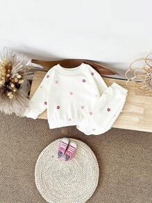 2 piezas/set Top de manga larga elástico con bordado floral y pantalones conjunto informal para niñas bebé, primavera/otoño - Beis - Ver 3