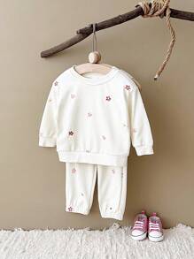 2 piezas/set Top de manga larga elástico con bordado floral y pantalones conjunto informal para niñas bebé, primavera/otoño - Beis - Ver 1