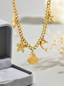 LIEBEIRIS 1 件 18K 镀金手工海洋风格珍珠、海星和贝壳几何吊坠项链，适合日常佩戴和送礼（珍珠尺寸和形状为随机手工制作） - 金黃色 - 查看 2