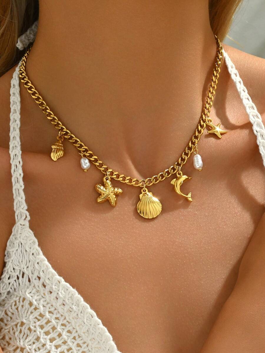 LIEBEIRIS 1 chiếc vòng cổ mặt hình học làm thủ công bằng ngọc trai phong cách đại dương, sao biển và vỏ sò, thích hợp để đeo hàng ngày và làm quà tặng (Kích thước và hình dạng ngọc trai là những mặt hàng thủ công ngẫu nhiên) - Vàng - Xem 1