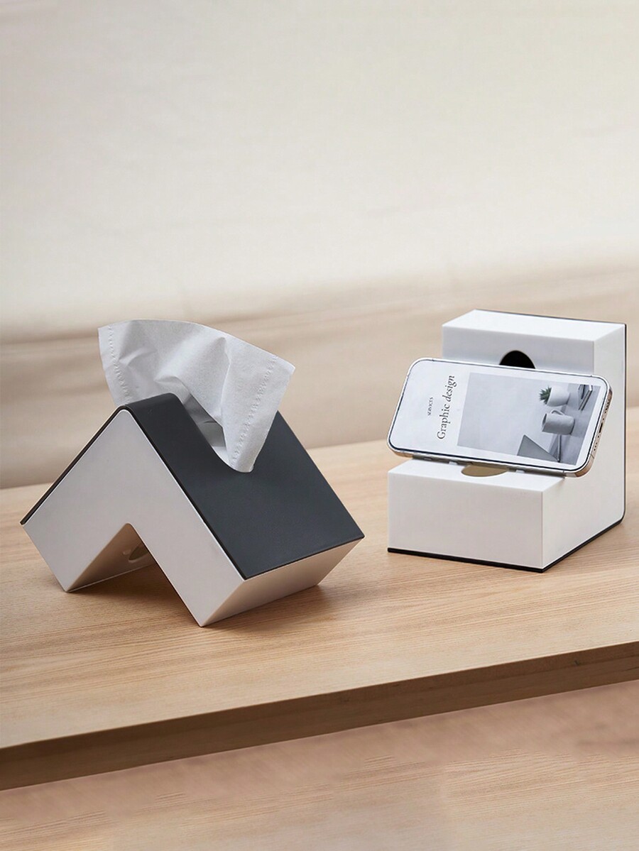 1pc Black & White/Solid Grey PP Plastic LShaped Tissue Box, Multi