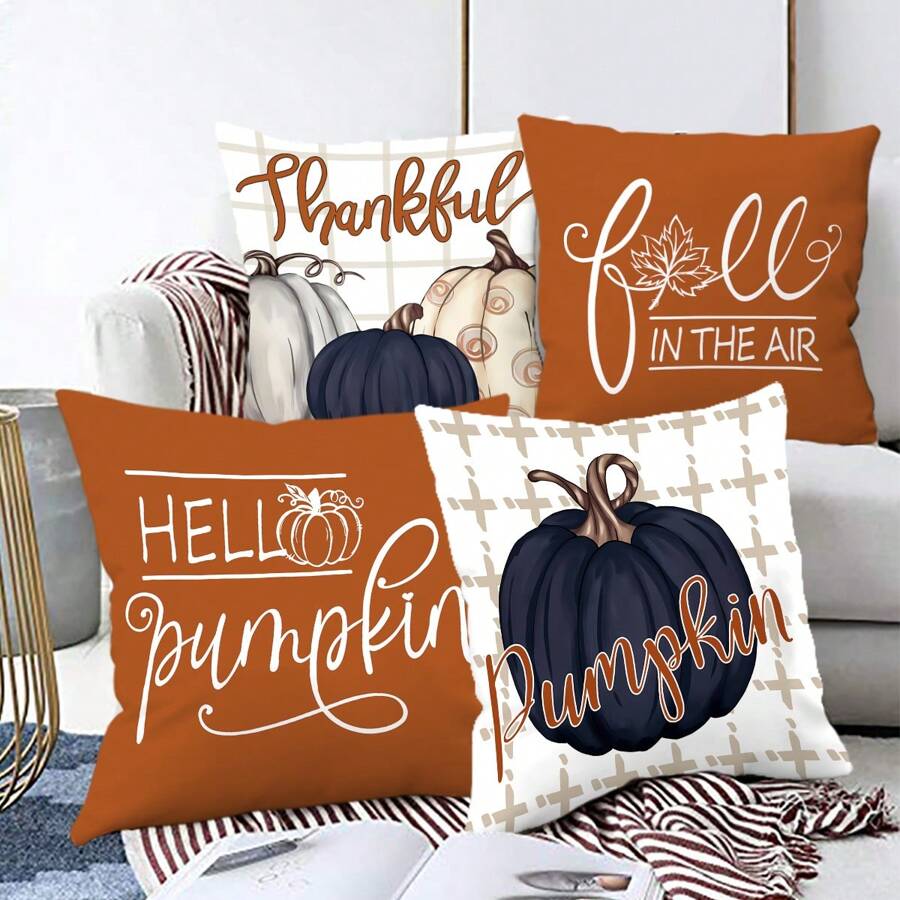 4pcs/1pc Fall Thanksgiving Decorative Pillow Covers, Harvest Season Pumpkin And English Letter Print Throw Pillow Covers, Thanksgiving Sofa Cushion Pillow Shams - Multicolor - View 1