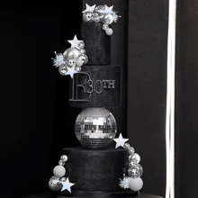 Decoración de pastel con bola de discoteca, bolas de espejo y estrellas plateadas, topper de pastel para fiesta de baile disco de los años 70 y 80, suministros para la noche del sábado - Plateado - Ver 3