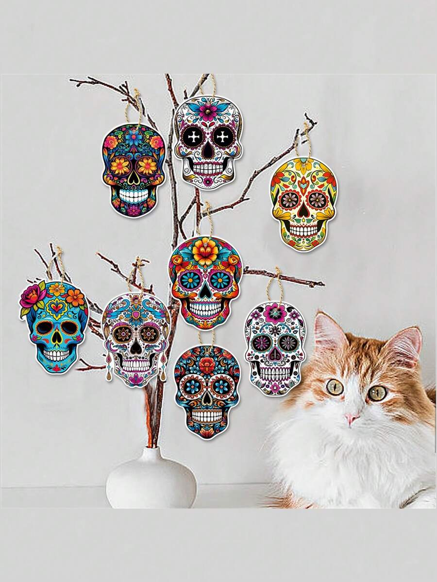 8pcs Mexican Day Of The Dead Party Decorations Halloween Skeleton Head Tags, Skull Hanging Ornaments,Christmas