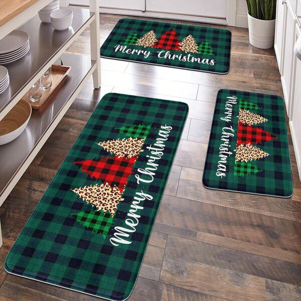 1pc Christmas Decor, Home Decoration, Room Decor, Bathroom Decor, Bathroom Mat, Non-Slip Bath Mat, Kitchen Decor, Kitchen Mat, Bathroom Set, Gift, Entryway Rug, Door Mat, Hallway Rug, Soft Plush Surface, Anti-Fatigue Mat, Christmas Tree Geometric Plaid Pattern Mat, Minimalist Style Rug, Christmas Theme Decorative Mat, "Merry Christmas"