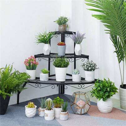 UNHO Outdoor Indoor Pot Plant Stand Garden Metal Planter Corner Shelf 3 Tier Ladder Flower Display Rack 77x56x58cm Outdoor Decor