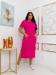 Midi Sweatshirt Dress With Front Pockets - Stylish And Modern | Fashion 2024 - 玫紅色 - 查看 6