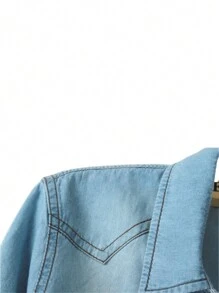 Women's Roll Up 3/4 Sleeve Tie Front Knot Shirt Chambray Denim Crop Top - Light Wash - View 5