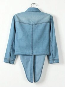 Women's Roll Up 3/4 Sleeve Tie Front Knot Shirt Chambray Denim Crop Top - Light Wash - View 3