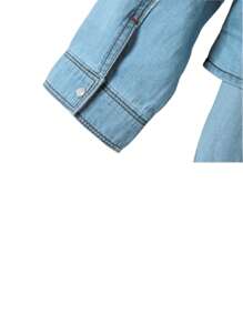 Women's Roll Up 3/4 Sleeve Tie Front Knot Shirt Chambray Denim Crop Top - Light Wash - View 4