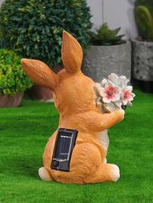 1pc Outdoor Garden Ornaments Solar Powered Resin Craft Rabbit Holding Flower Decoration For Garden - Burnt Orange - View 4