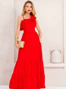 Long Dress With Ruffle On The Bust One Shoulder Mule Sleeve Elastéx On The Back Straps Elegant Party Godmother Loose - 紅色 - 查看 3