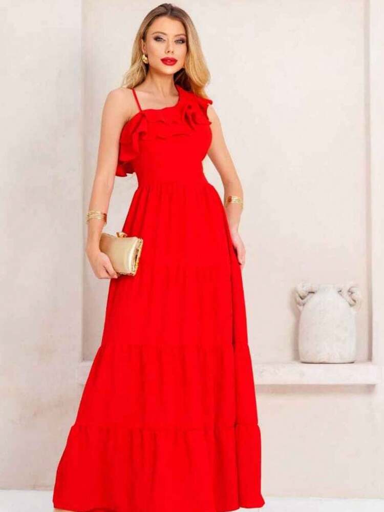 Long Dress With Ruffle On The Bust One Shoulder Mule Sleeve Elastéx On The Back Straps Elegant Party Godmother Loose - Đỏ - Xem 3