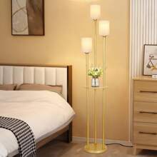 Boho Floor Lamps For Living Room, 3-Lights Modern Floor Lamp With 3-Way Foot Switch, Gold Floor Lamp With Shelves, Shelf Standing Lamp With Fabric Shade, Tall Floor Lamps For Bedroom, Office, Christmas New Year Holiday Gift - 金色 - 查看 7