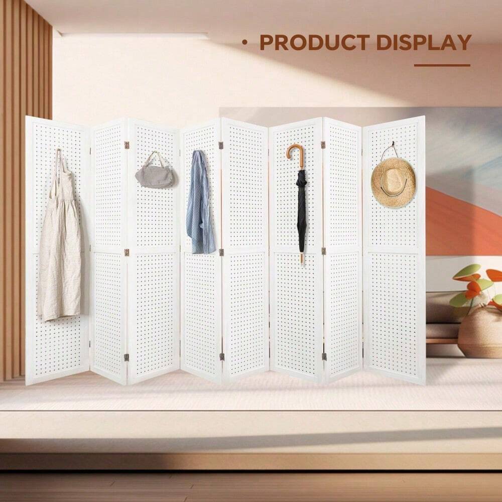 8 Panel Room Divider, 5.6Ft Pegboard Display Wooden Room Divider