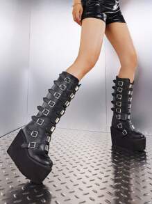 Women's Y2K Goth Knee High Boots Fashion Cosplay Punk Metal Buckle Wedges High Heels Back Zipper Round Toe Platform Boots - Black - View 1