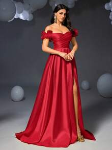 Faeriesty 露肩褶皱缎面正式舞会礼服，优雅晚礼服，适合婚礼宾客、毕业典礼、盛大晚宴和其他正式场合。 - 紅色 - 查看 7