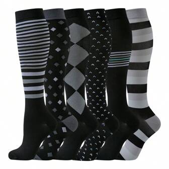 6 Pairs Women Plaid Knee High Compression Socks, Casual Sports Leg Warmers For Men & Women, Cozy
