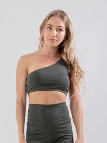 Akira Fitness Women's One Shoulder Top Without Padded Fitness Mula Manca - 軍綠色 - 查看 3