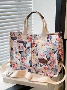 大容量蝴蝶印花手提包，图案随机，适合上学、工作、旅行，非常适合节日礼物 - 彩色 - 查看 4