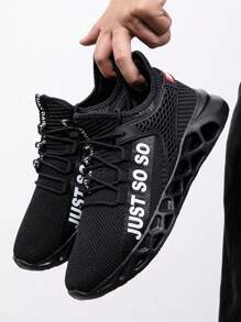 Men Letter Patch Decor Lace-up Front Running Shoes - Black - View 1