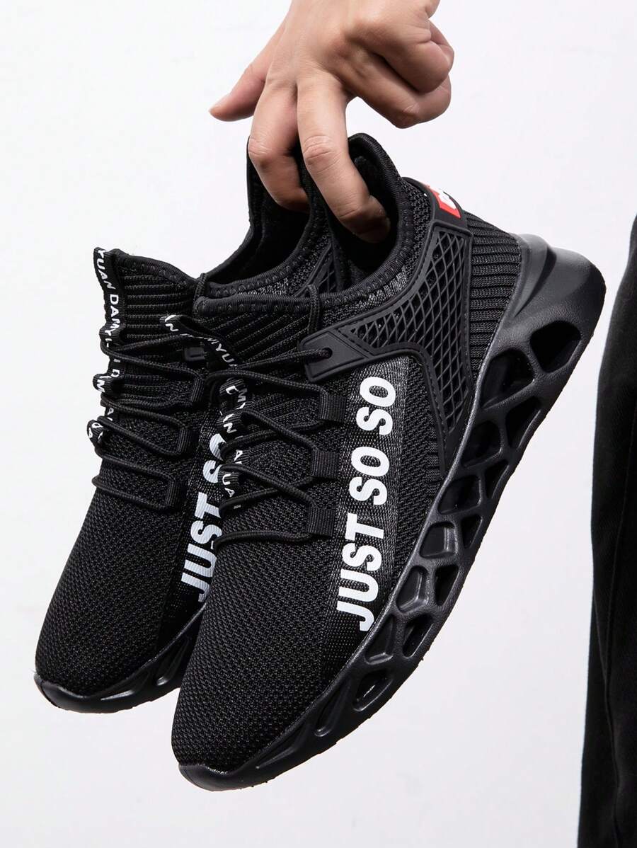 Men Letter Patch Decor Lace-up Front Running Shoes - Black - View 1