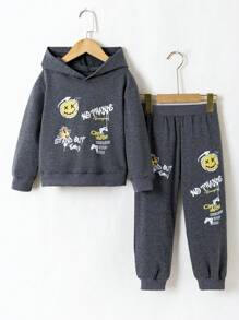 Young Boy Stylish Grey Hoodie Sports Suit, Printed Pattern, Simple And Fashionable, Suitable For Daily Wear, Warm And Fashion , Comfortable Wearing Experience For Kids, Spring & Autumn - Grey - View 1
