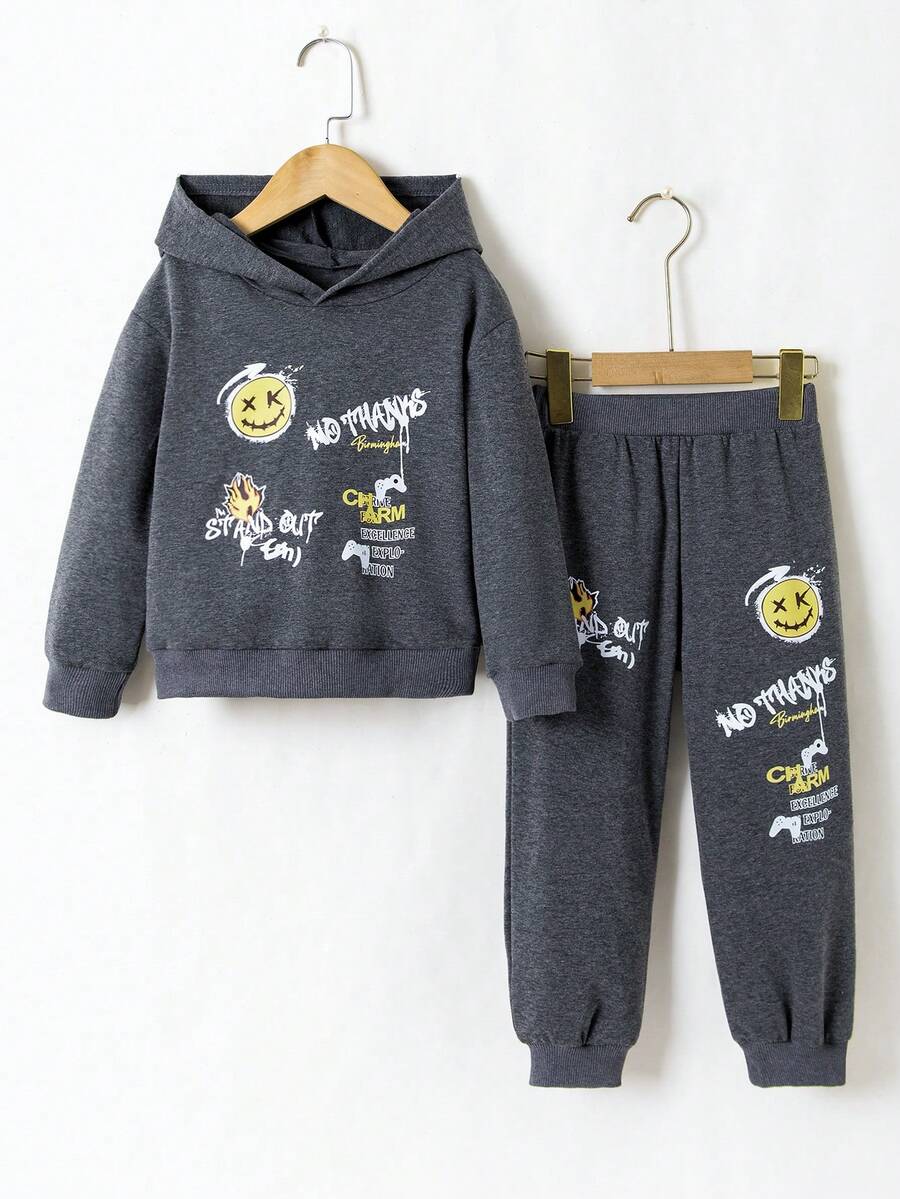 Young Boy Stylish Grey Hoodie Sports Suit, Printed Pattern, Simple And Fashionable, Suitable For Daily Wear, Warm And Fashion , Comfortable Wearing Experience For Kids, Spring & Autumn - Grey - View 1