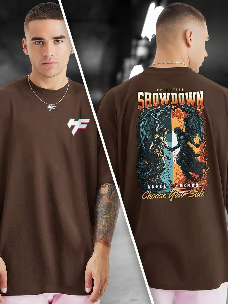 T-Shirt With Front And Back Print SHOWDOWN SIDE 100% Cotton GPJ1 - Rỉ Nâu - Xem 1