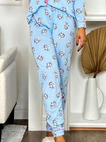 Women's American Cold Weather Pajamas Blogger Set Long Sleeve Shirt And Pants Premium Buttons Winter Front Opening - 淺藍色 - 查看 6