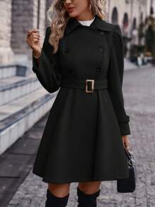 女士双排扣休闲百搭长袖长款大衣，秋冬款