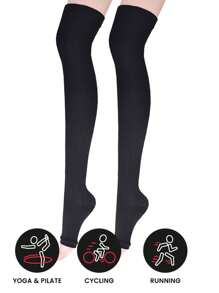 Sports Outdoor 1pair Knee High Open Toe Compression Socks Solid Color Leg Warmers, Neutral Style For Women, Prevent Varicose Veins During Sports