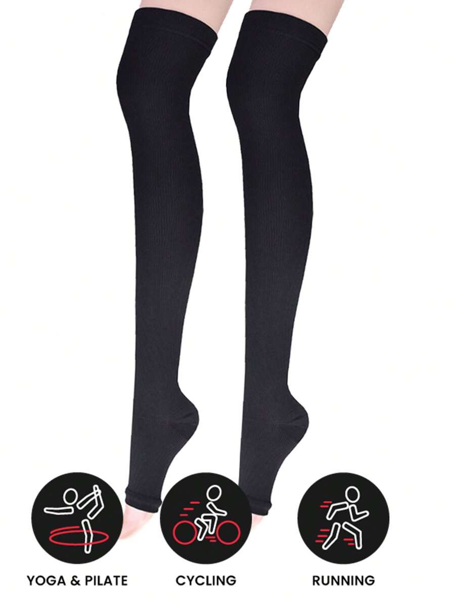 Sports Outdoor 1pair Knee High Open Toe Compression Socks Solid Color Leg Warmers, Neutral Style For Women, Prevent Varicose Veins During Sports