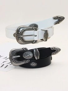 Plus Size Soft PU Leather Belt With Vintage Carved Buckle, Solid Color Waist Belt For Jeans, Women & Men Halloween Summer, School Fall, Autumn, Halloween