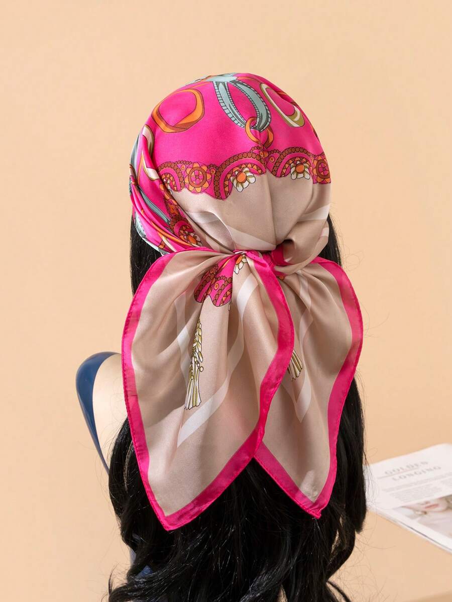 1pc Imitation Silk Printed Scarf Headband Hair Accessories Versatile Neckerchief For Daily Use Bandana - Hot Pink - View 1
